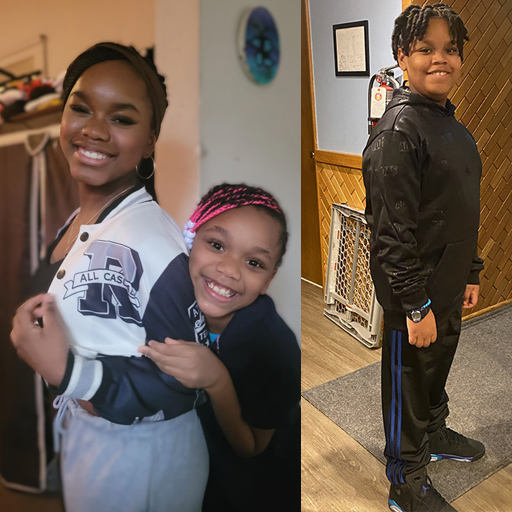 a girl holding on to her sister and smiling; a young man standing and smiling